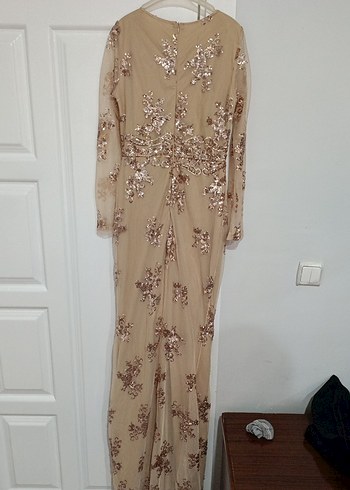 Bej Payetli Uzun Kollu Kadın Abiye Elbise - Görsel 4