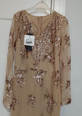 Bej Payetli Uzun Kollu Kadın Abiye Elbise - Görsel 2