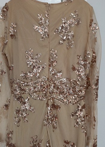 Bej Payetli Uzun Kollu Kadın Abiye Elbise - Görsel 5