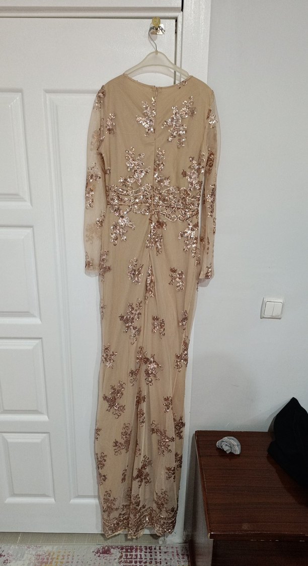 Bej Payetli Uzun Kollu Kadın Abiye Elbise - Görsel 4