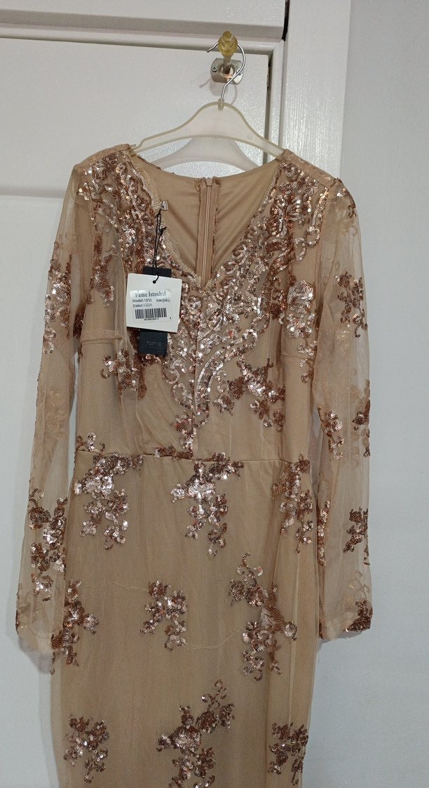 Bej Payetli Uzun Kollu Kadın Abiye Elbise - Görsel 2