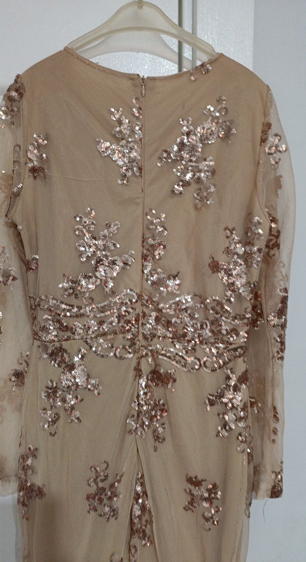 Bej Payetli Uzun Kollu Kadın Abiye Elbise - Görsel 5