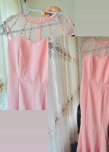 Zara Zincir Detaylı Pembe Midi Abiye Elbise