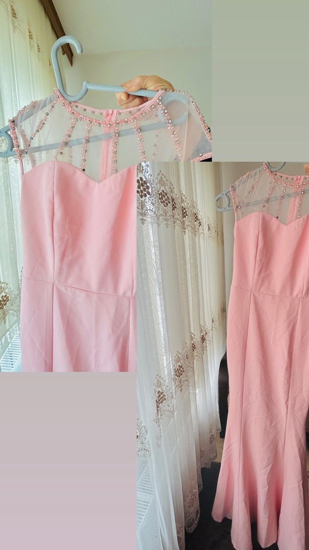 Zincir Detaylı Pembe Midi Abiye Elbise - Görsel 2