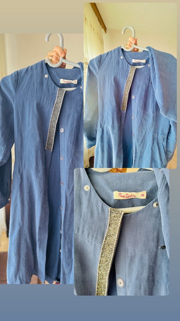 Düğmeli Uzun Mavi Keten Trençkot - Görsel 2