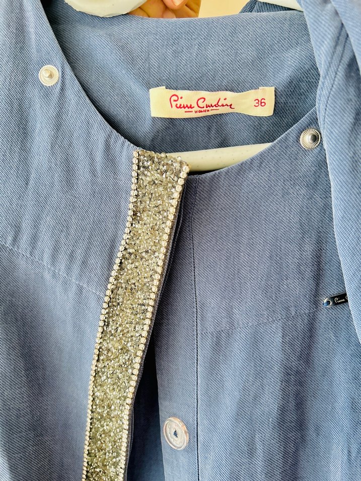 Düğmeli Uzun Mavi Keten Trençkot - Görsel 3