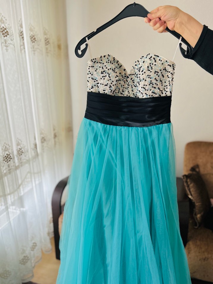 Straplez Turkuaz Uzun Abiye Elbise - Görsel 3