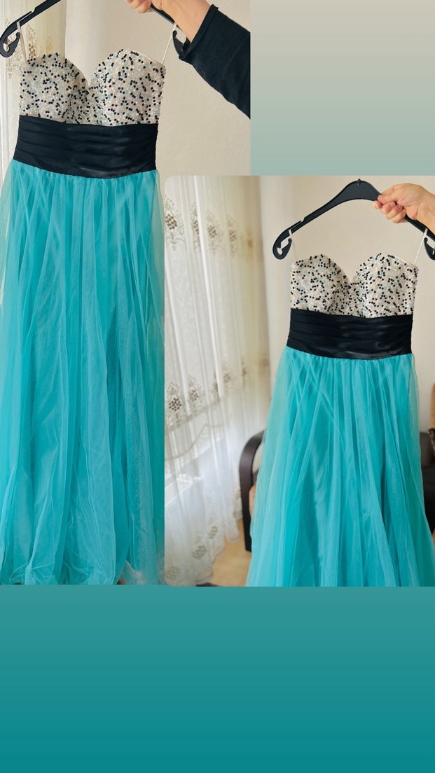 Straplez Turkuaz Uzun Abiye Elbise - Görsel 2