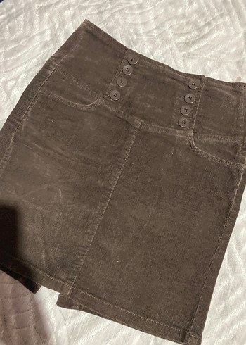 Düğmeli Kahverengi Süet Mini Etek - Görsel 3