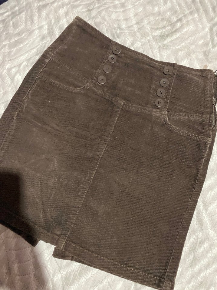 Düğmeli Kahverengi Süet Mini Etek - Görsel 3