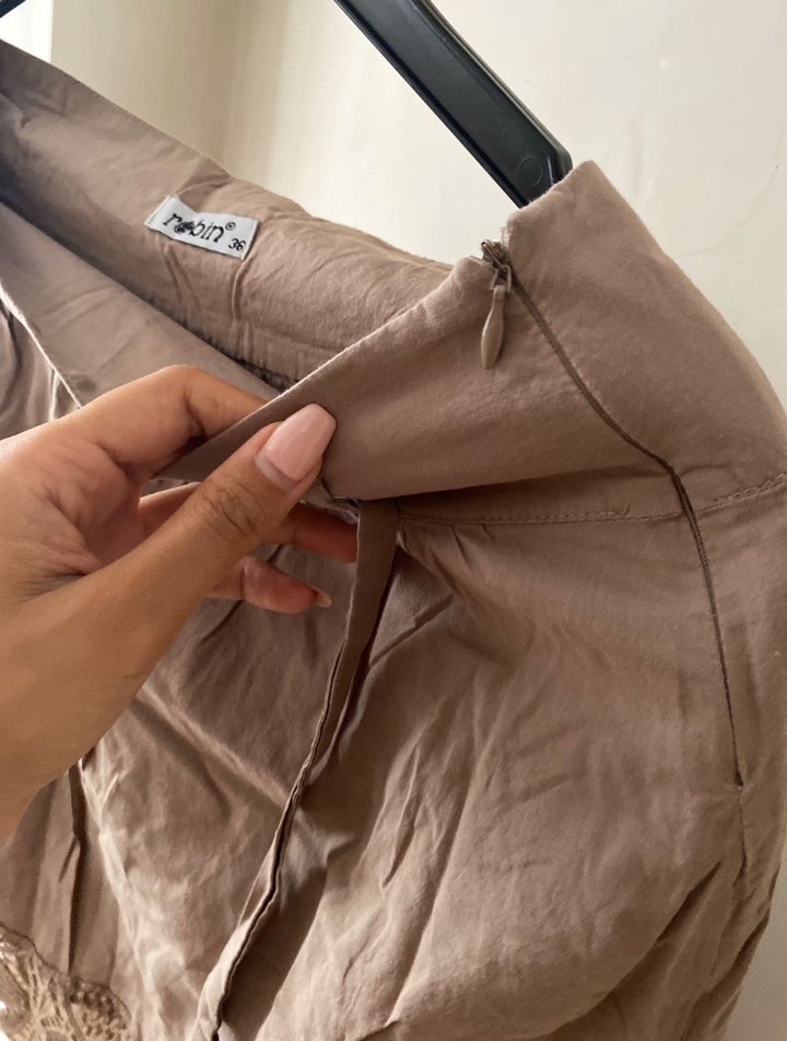 Bej Dantel Detaylı Midi Keten Etek - Görsel 2