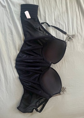 diğer Beden Zincir Detaylı Siyah Deri Gotik Büstiyer