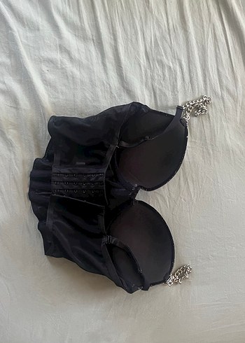 Penti Zincir Detaylı Siyah Deri Gotik Büstiyer
