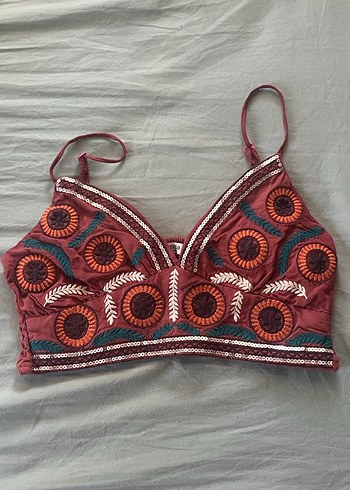 Zara Bordo Nakışlı Bohem Mini Büstiyer