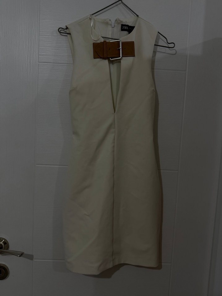 Kemer Detaylı Bej Deri Midi Elbise - Görsel 2