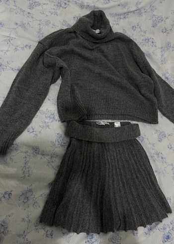 Gri Boğazlı Örgü Kadın Kazak etek takım - Görsel 2