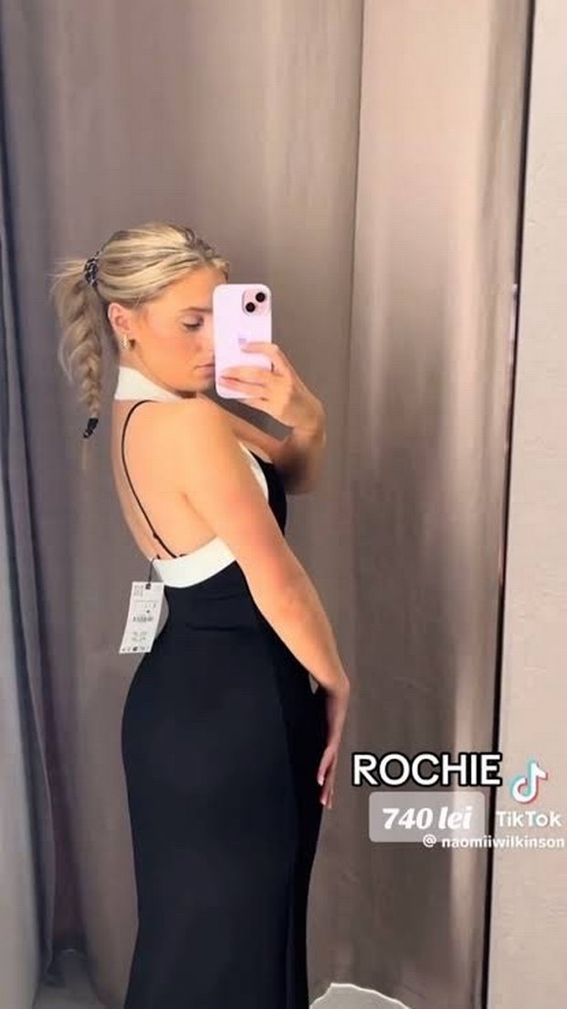 Siyah Beyaz Uzun Halter Yaka Elbise - Görsel 3