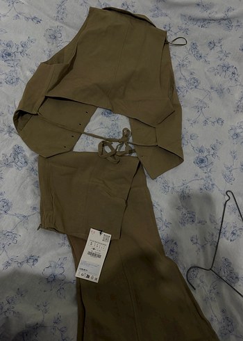 Bej Uzun Kesim Keten Kadın Takım Elbise - Görsel 4