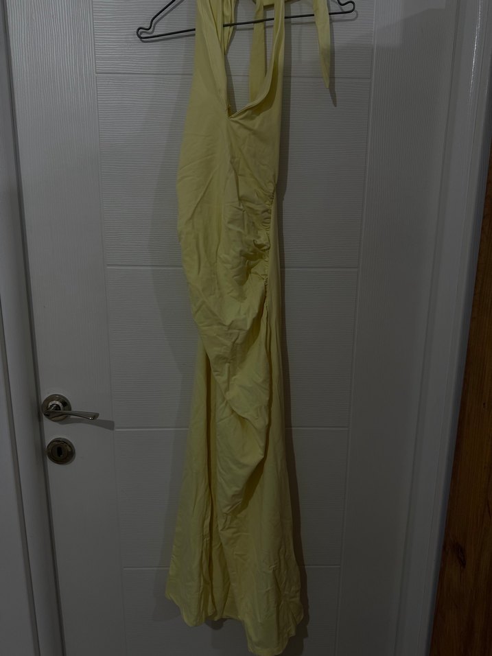 Sarı Keten Drapeli Uzun Halter Elbise - Görsel 3