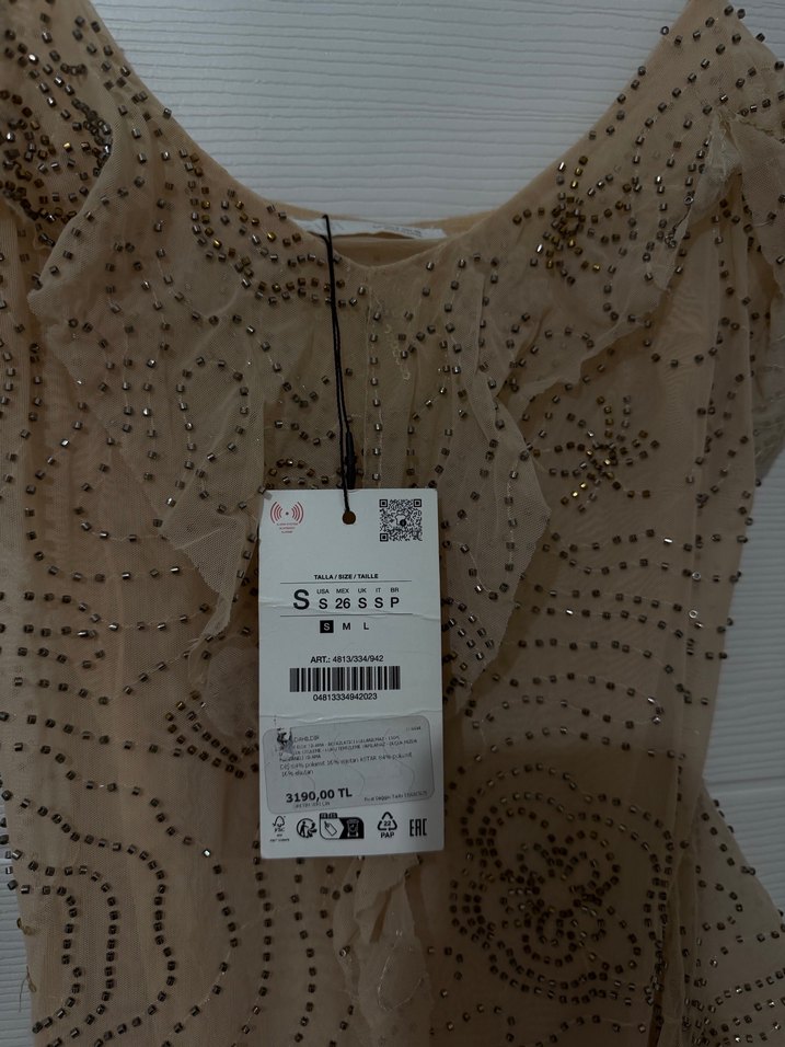 Nakışlı, Fırfırlı Straplez Uzun Elbise - Görsel 4