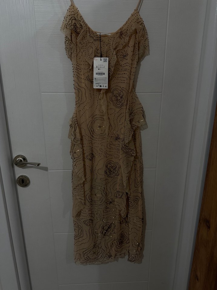 Nakışlı, Fırfırlı Straplez Uzun Elbise - Görsel 2