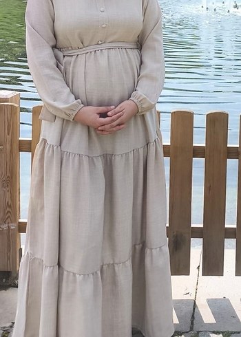 Bej Uzun Kollu Keten Kadın Elbise - Görsel 2