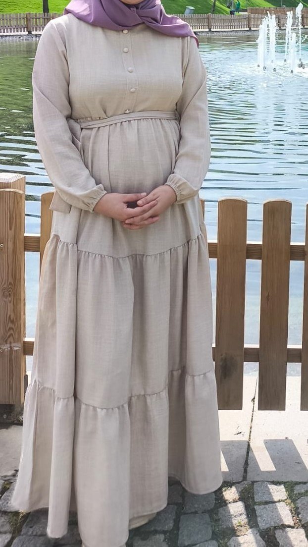 Bej Uzun Kollu Keten Kadın Elbise - Görsel 2