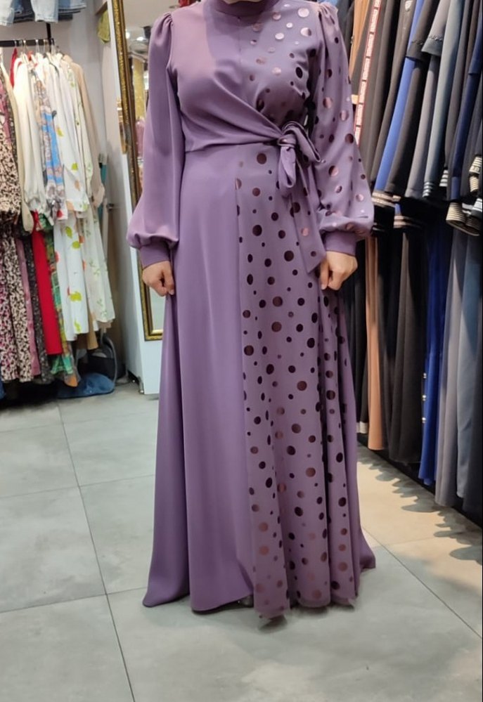 MOR PUANTIYELİ UZUN KADIN ELBİSESİ - Görsel 2