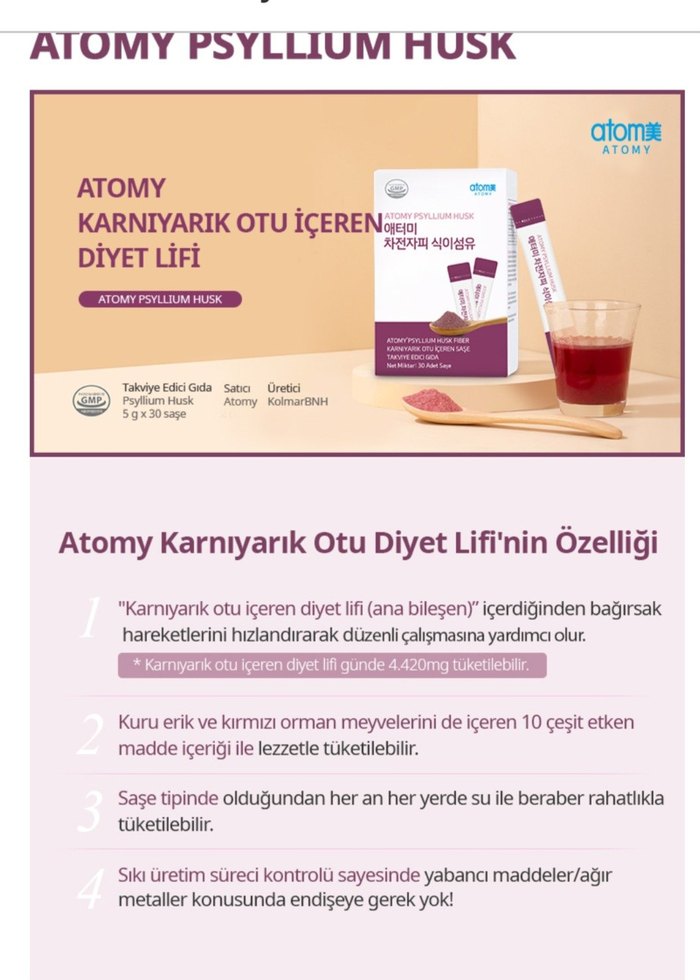 Kilo vermek ve sindirim Atomy Psyllium Husk Lif Tozu 30 Saşe - Görsel 2