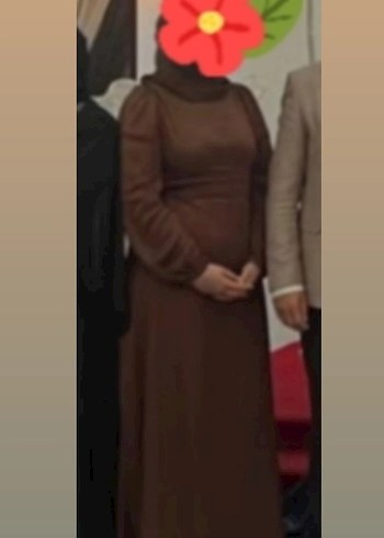 Uzun Kollu Kahverengi Saten Kadın Elbise