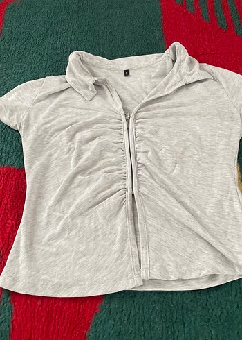 Fermuarlı Gri Keten Kadın Tişört - Görsel 3