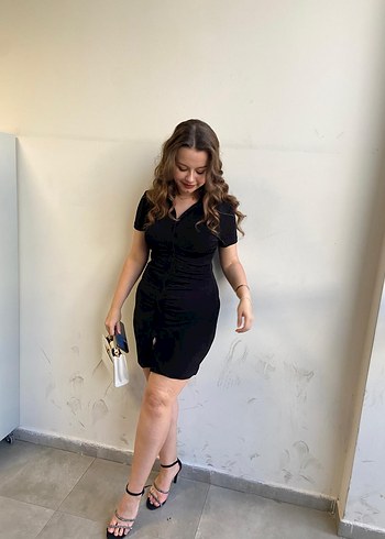 Siyah Deri V Yakalı Strappy Midi Elbise