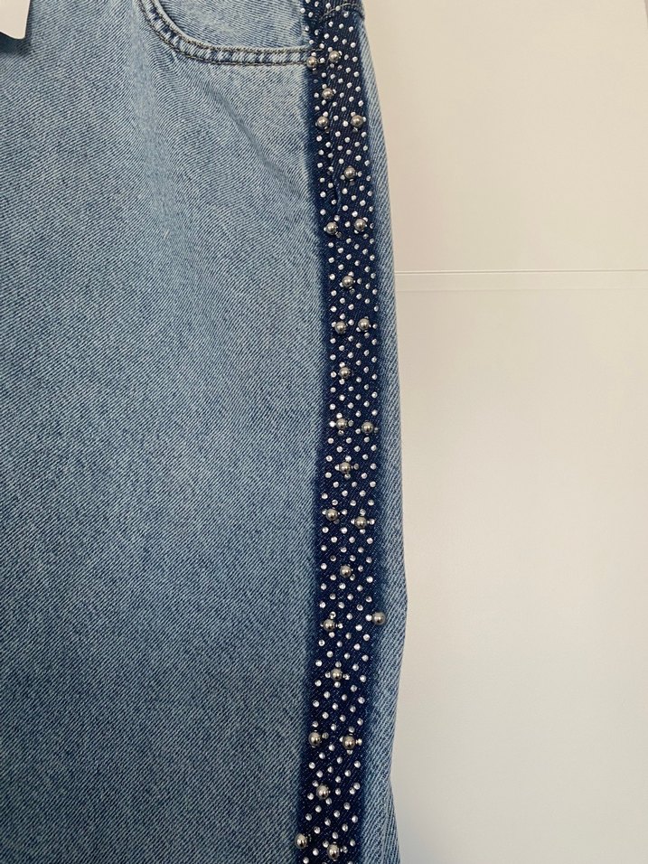 Nakışlı Mavi Kot Midi Etek - Görsel 2