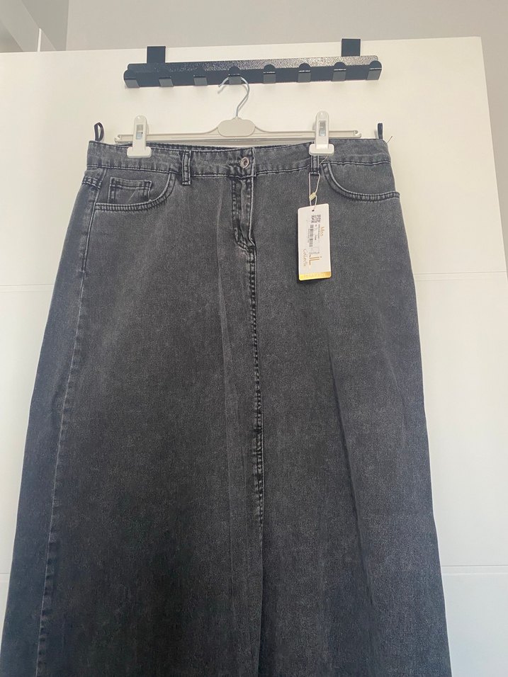 Gri Midi Denim Kadın Uzun Etek - Görsel 2