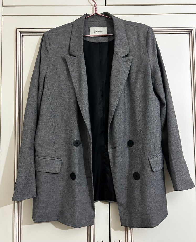 Düğmeli Gri Kadın Keten Blazer Ceket - Görsel 3