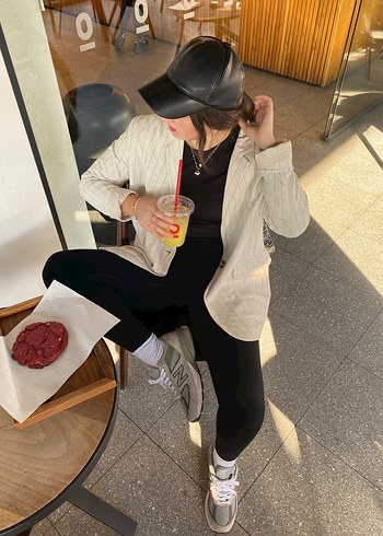 Bej Çizgili Kadın Keten Blazer Ceket - Görsel 3