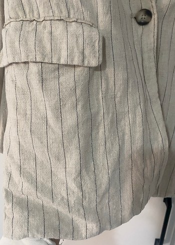 Bej Çizgili Kadın Keten Blazer Ceket - Görsel 2