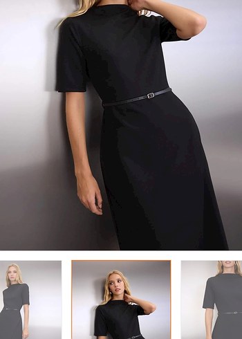 Siyah Kemerli Midi Kalem Elbise - Görsel 3