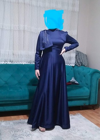 Lacivert Saten tesettür abiye omuz detaylı