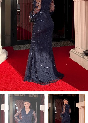 Lacivert Uzun Kollu V Yakalı Abiye Elbise - Görsel 3