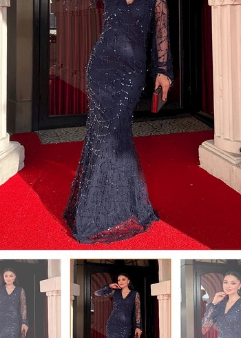 Lacivert Uzun Kollu V Yakalı Abiye Elbise - Görsel 2