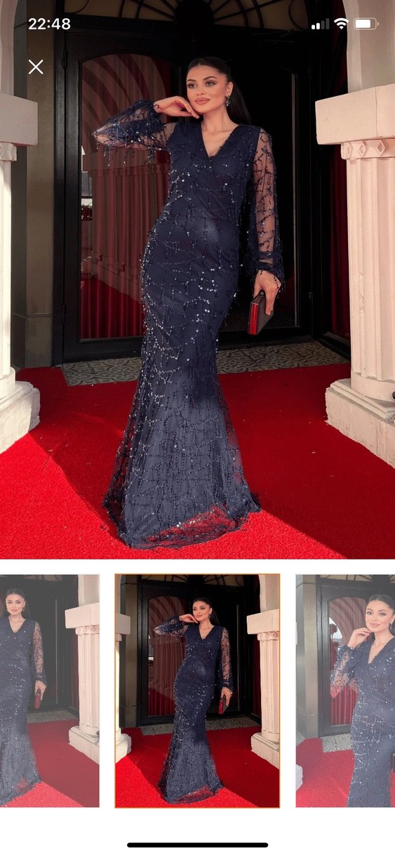 Lacivert Uzun Kollu V Yakalı Abiye Elbise - Görsel 2