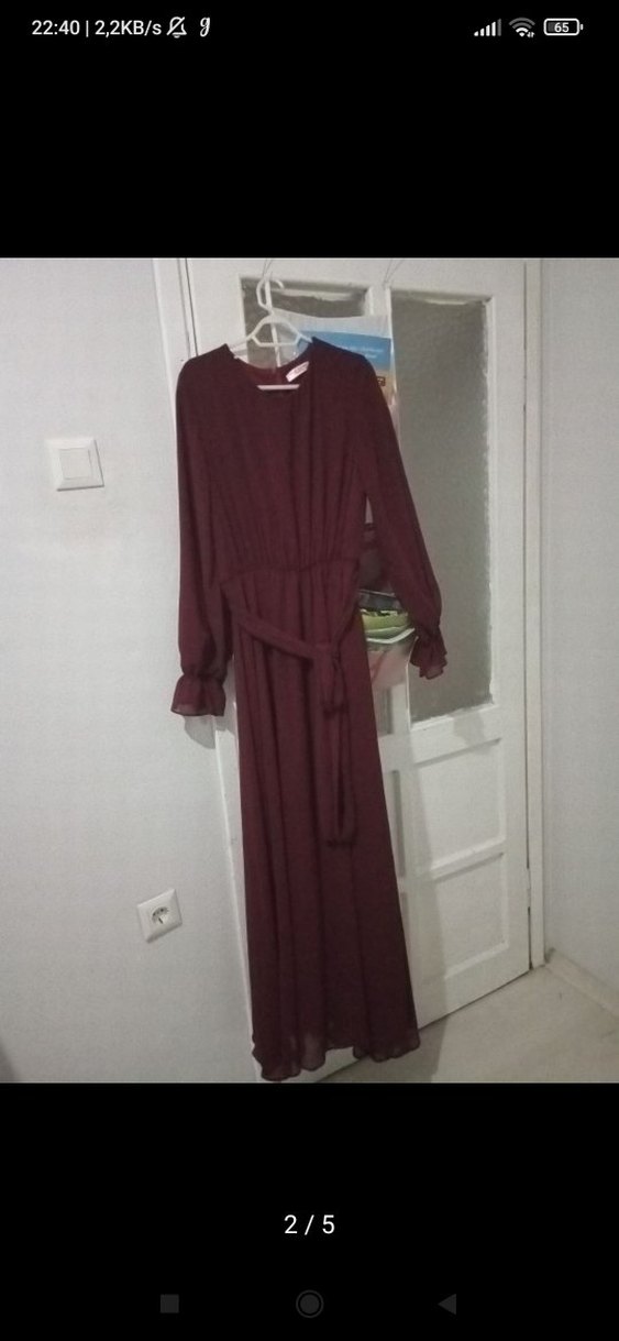 Bordo Uzun Kollu şifon Kadın Elbise - Görsel 2