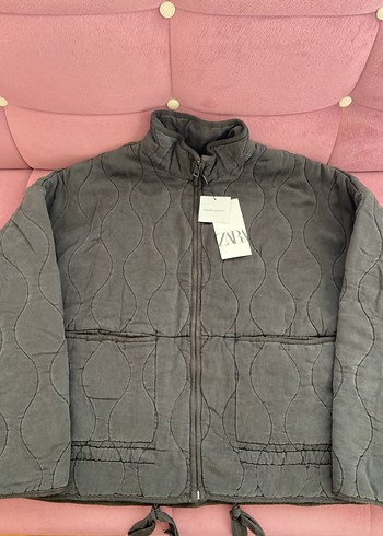 Zara Zara Kapitone Gri Antrasit Kadın Midi Ceket/Mont Fermuarlı