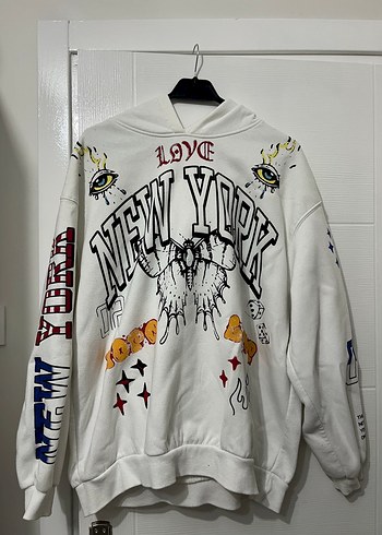 Baskılı Beyaz Kapüşonlu Kadın Sweatshirt
