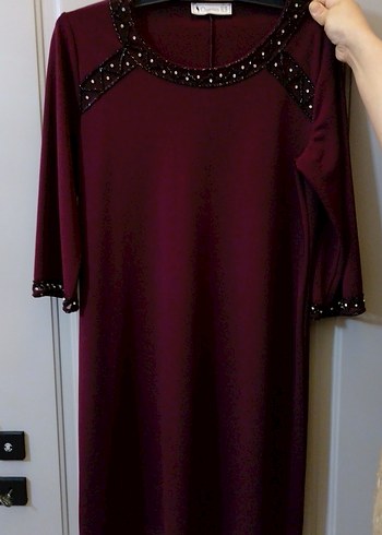 Bordo V Yaka Uzun Kollu Triko Elbise - Görsel 3