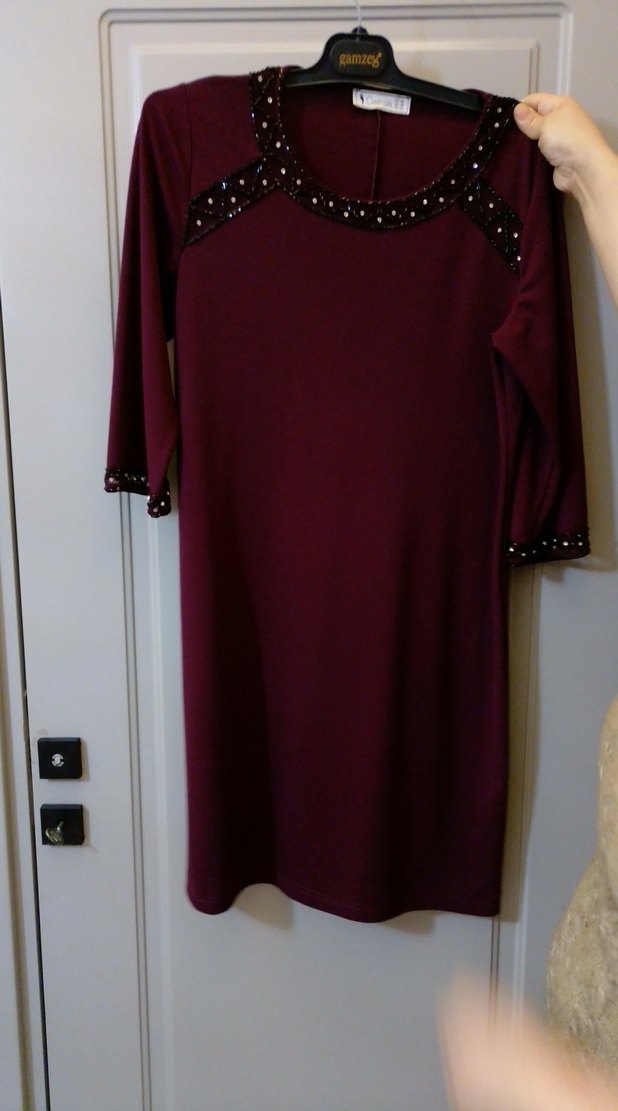 Bordo V Yaka Uzun Kollu Triko Elbise - Görsel 2