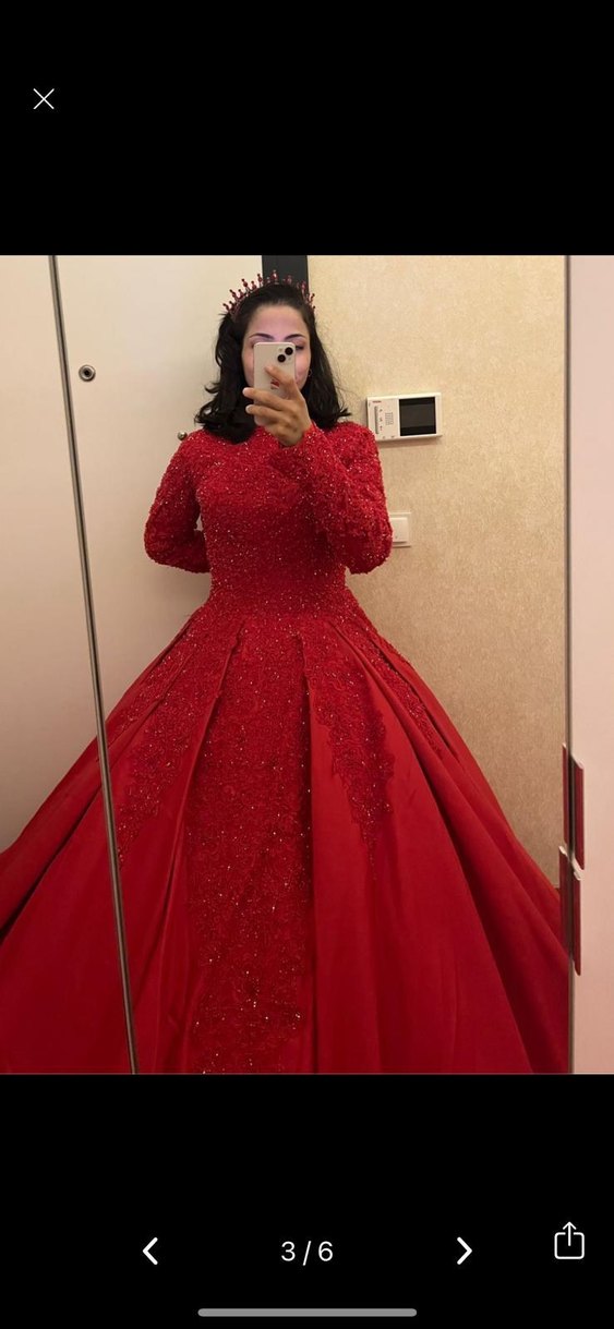 Klasik Kırmızı Uzun Kollu Sade Nişan Elbisesi - Görsel 4