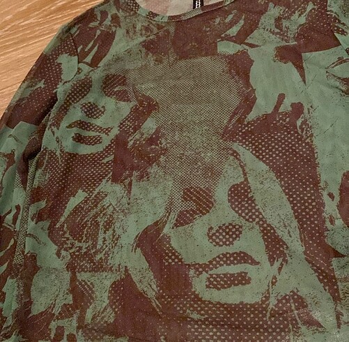 H&M H&M yesil kahverengi desenli transparan tul ust