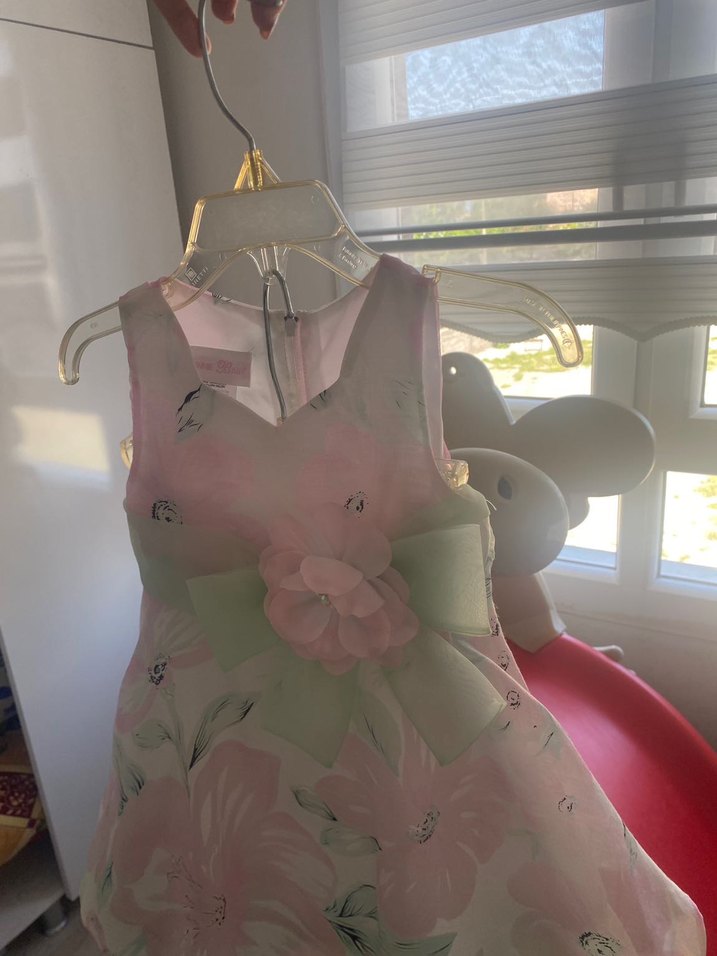 Kız Çocuk Pudra Çiçekli Fırfırlı Elbise - Görsel 3